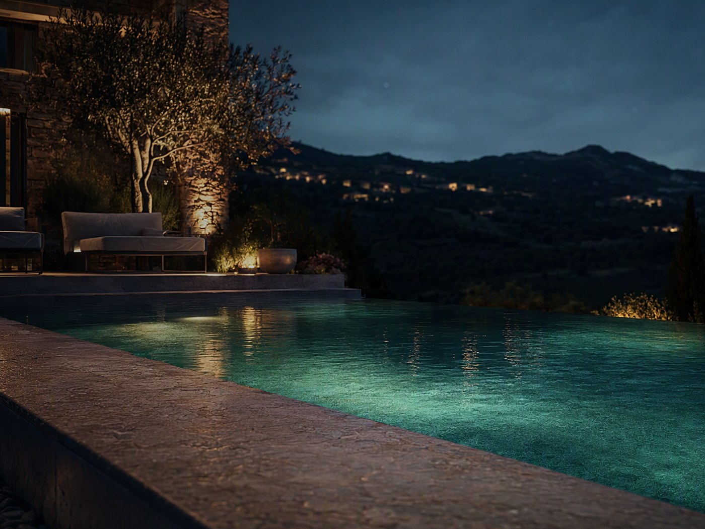 Infinity pool at dusk — FLYHORIZ pool robots